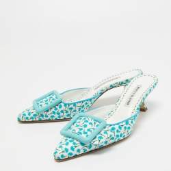 Pre Owned Manolo Blahnik White/Blue Printed Fabric Maysale Mules Size 38