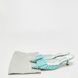 Pre Owned Manolo Blahnik White/Blue Printed Fabric Maysale Mules Size 38