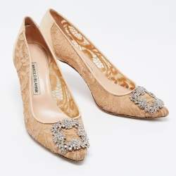 Pre Owned Manolo Blahnik Beige Lace and Satin Hangisi Pumps Size 39
