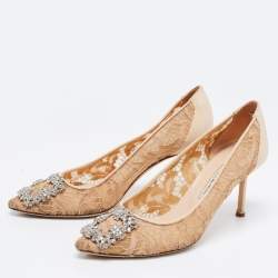 Pre Owned Manolo Blahnik Beige Lace and Satin Hangisi Pumps Size 39