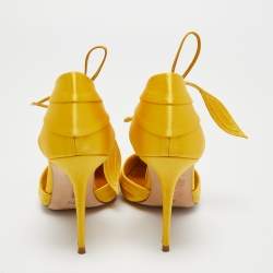 Pre Owned Manolo Blahnik Yellow Satin Reya Pleated Pointed Toe Ankle Wrap Pumps Size 37.5