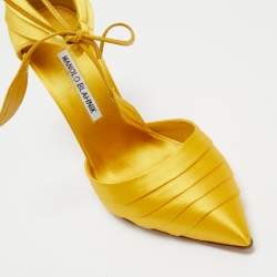 Pre Owned Manolo Blahnik Yellow Satin Reya Pleated Pointed Toe Ankle Wrap Pumps Size 37.5