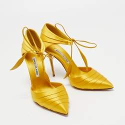 Pre Owned Manolo Blahnik Yellow Satin Reya Pleated Pointed Toe Ankle Wrap Pumps Size 37.5