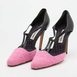 Pre Owned Manolo Blahnik Pink/Black Tweed and Leather T-Bar Square Toe Pumps Size 41