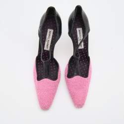 Pre Owned Manolo Blahnik Pink/Black Tweed and Leather T-Bar Square Toe Pumps Size 41