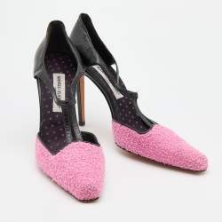 Pre Owned Manolo Blahnik Pink/Black Tweed and Leather T-Bar Square Toe Pumps Size 41