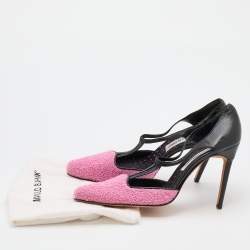 Pre Owned Manolo Blahnik Pink/Black Tweed and Leather T-Bar Square Toe Pumps Size 41