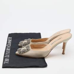Pre Owned Manolo Blahnik Grey Satin Hangisi Crystal Embellished Mules Size 37
