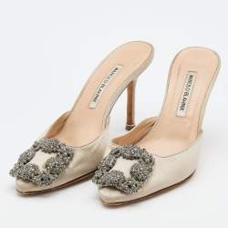 Pre Owned Manolo Blahnik Grey Satin Hangisi Crystal Embellished Mules Size 37