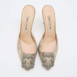 Pre Owned Manolo Blahnik Grey Satin Hangisi Crystal Embellished Mules Size 37