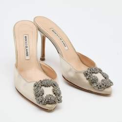 Pre Owned Manolo Blahnik Grey Satin Hangisi Crystal Embellished Mules Size 37