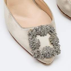 Pre Owned Manolo Blahnik Grey Satin Hangisi Crystal Embellished Mules Size 37