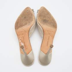 Pre Owned Manolo Blahnik Grey Satin Hangisi Crystal Embellished Mules Size 37