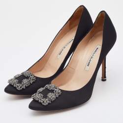 Pre Owned Manolo Blahnik Black Satin Hangisi Crystal Embellished Pumps Size 40