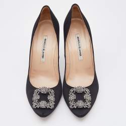 Pre Owned Manolo Blahnik Black Satin Hangisi Crystal Embellished Pumps Size 40