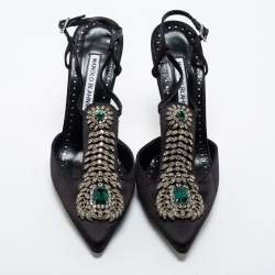 Pre Owned Manolo Blahnik Black Satin Crystal Embellished Jamala Ankle Strap Pumps Size 38