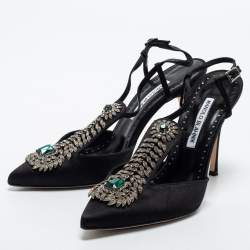 Pre Owned Manolo Blahnik Black Satin Crystal Embellished Jamala Ankle Strap Pumps Size 38
