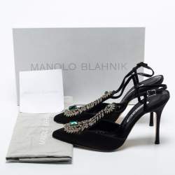 Pre Owned Manolo Blahnik Black Satin Crystal Embellished Jamala Ankle Strap Pumps Size 38