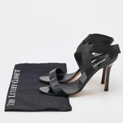 Pre Owned Manolo Blahnik Black Snakeskin and Elastic Ankle Strap Sandals Size 38.5