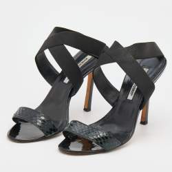 Pre Owned Manolo Blahnik Black Snakeskin and Elastic Ankle Strap Sandals Size 38.5