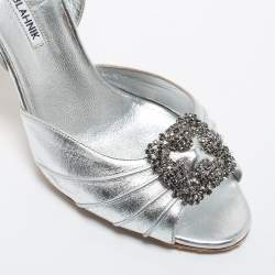 Pre Owned Manolo Blahnik Silver Leather Cassia Slingback Sandals Size 38