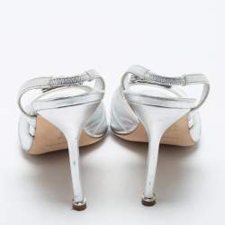 Pre Owned Manolo Blahnik Silver Leather Cassia Slingback Sandals Size 38
