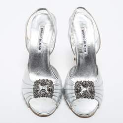 Pre Owned Manolo Blahnik Silver Leather Cassia Slingback Sandals Size 38