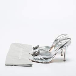 Pre Owned Manolo Blahnik Silver Leather Cassia Slingback Sandals Size 38