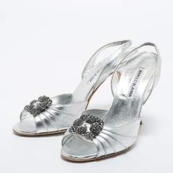 Pre Owned Manolo Blahnik Silver Leather Cassia Slingback Sandals Size 38
