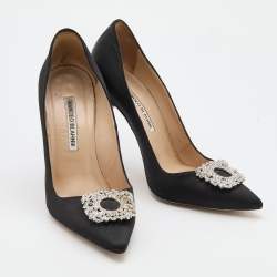 Manolo Blahnik Black Satin Crystal Embellished Pumps Size 37.5