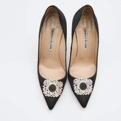 Manolo Blahnik Black Satin Crystal Embellished Pumps Size 37.5