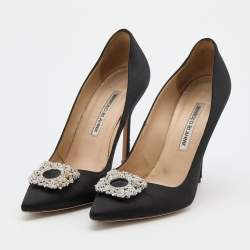 Manolo Blahnik Black Satin Crystal Embellished Pumps Size 37.5