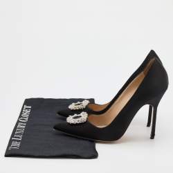 Manolo Blahnik Black Satin Crystal Embellished Pumps Size 37.5