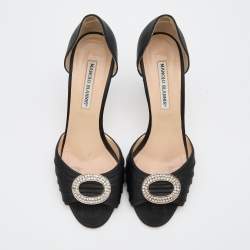 Pre Owned Manolo Blahnik Black Satin Crystal Embellished Sedaraby D'Orsay Open Toe Pumps Size 38.5