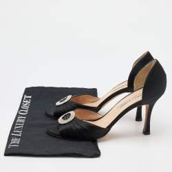 Pre Owned Manolo Blahnik Black Satin Crystal Embellished Sedaraby D'Orsay Open Toe Pumps Size 38.5