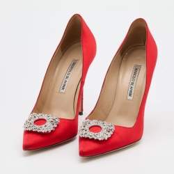 Pre Owned Manolo Blahnik Red Satin Pointed Toe Crystal Embellished Pumps Size 37.5