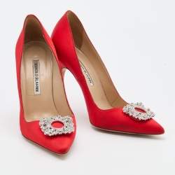 Pre Owned Manolo Blahnik Red Satin Pointed Toe Crystal Embellished Pumps Size 37.5
