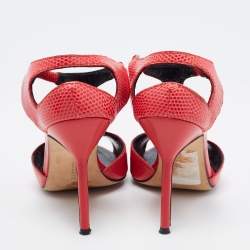 مملوكة مسبقًا Manolo Blahnik Coral Red Lizard T Strap Sandals Size 35