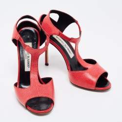 مملوكة مسبقًا Manolo Blahnik Coral Red Lizard T Strap Sandals Size 35