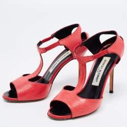 مملوكة مسبقًا Manolo Blahnik Coral Red Lizard T Strap Sandals Size 35