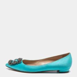 Manolo Blahnik Light Blue Satin Hangisi Crystals Ballet Flats Size 35.5