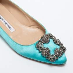 Manolo Blahnik Light Blue Satin Hangisi Crystals Ballet Flats Size 35.5