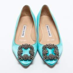 Manolo Blahnik Light Blue Satin Hangisi Crystals Ballet Flats Size 35.5