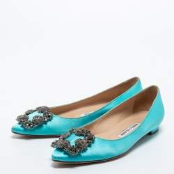 Manolo Blahnik Light Blue Satin Hangisi Crystals Ballet Flats Size 35.5