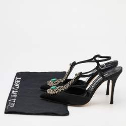 Pre Owned Manolo Blahnik Black Satin Crystal Embellished Jamala Pumps Size 37