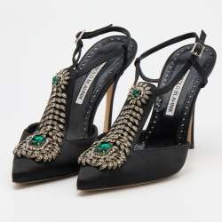 Pre Owned Manolo Blahnik Black Satin Crystal Embellished Jamala Pumps Size 37