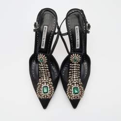 Pre Owned Manolo Blahnik Black Satin Crystal Embellished Jamala Pumps Size 37