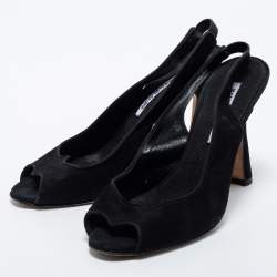Pre Owned Manolo Blahnik Black Suede Slingback Peep Toe Pumps Size 37