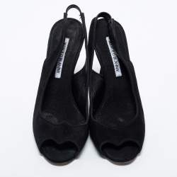 Pre Owned Manolo Blahnik Black Suede Slingback Peep Toe Pumps Size 37