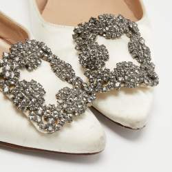 Pre Owned Manolo Blahnik Off-White Satin Hangisi Ballet Flats Size 37.5